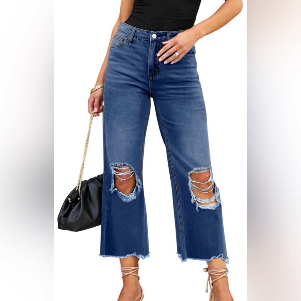 Zenana Outfitters Distressed Wide Leg Blue Jeans